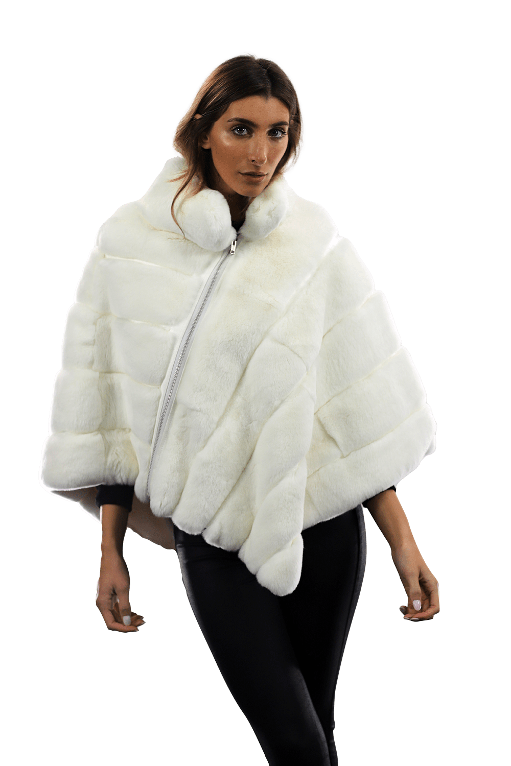 La Fiorentina -  Two Tone Rex Rabbit Poncho with Zipper - White - Poncho - La Fiorentina A106-REX_WHITE