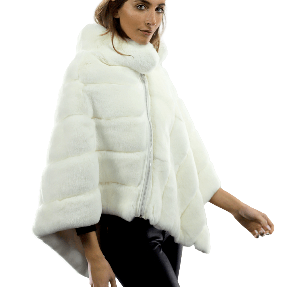 La Fiorentina -  Two Tone Rex Rabbit Poncho with Zipper - White - Poncho - La Fiorentina A106-REX_WHITE