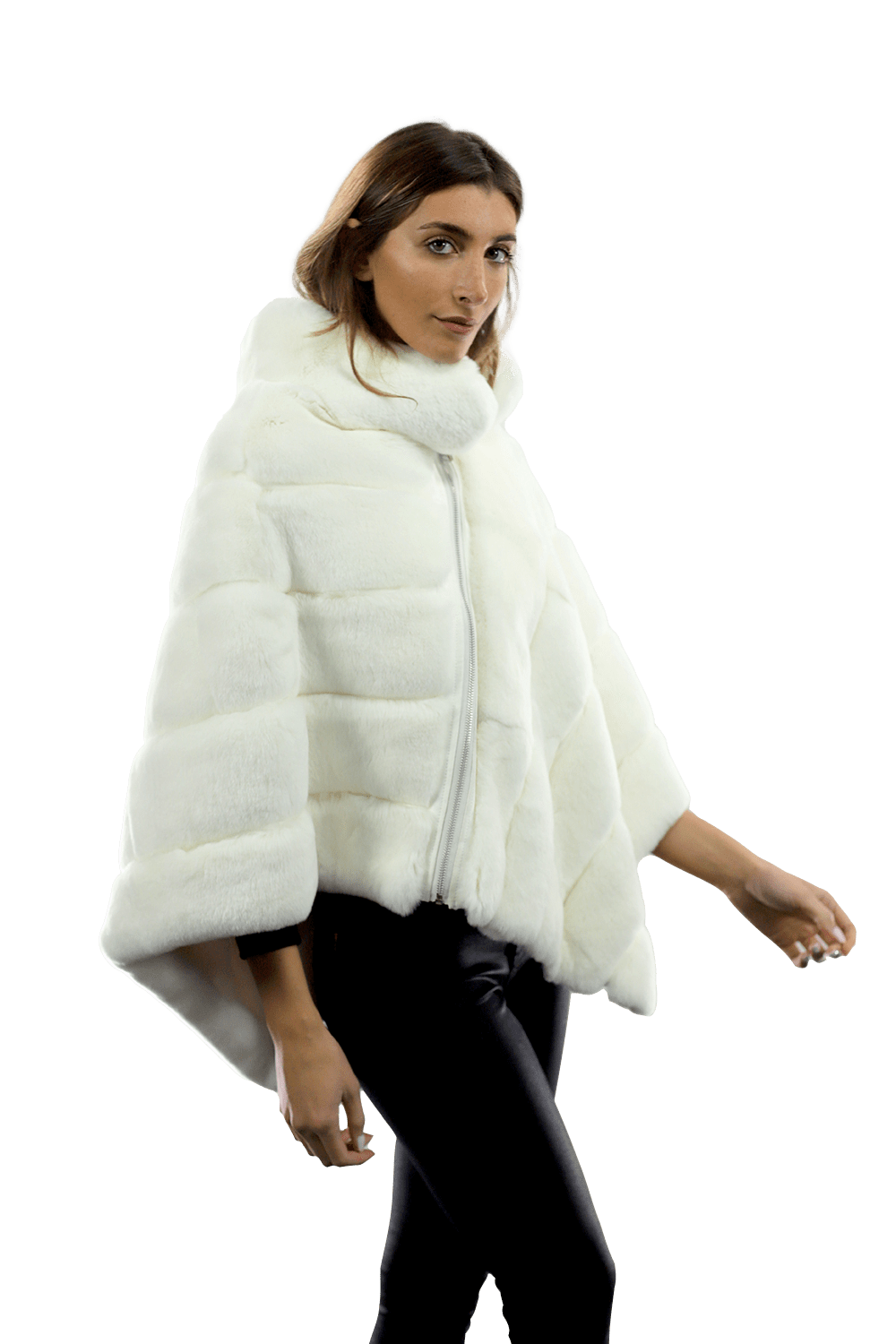 La Fiorentina -  Two Tone Rex Rabbit Poncho with Zipper - White - Poncho - La Fiorentina A106-REX_WHITE