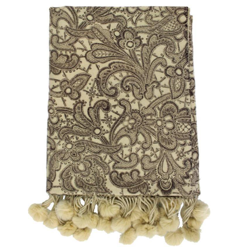 Lace Print Wrap with Rex Fur Rabbit Poms - Cream - Wrap - La Fiorentina 0101L