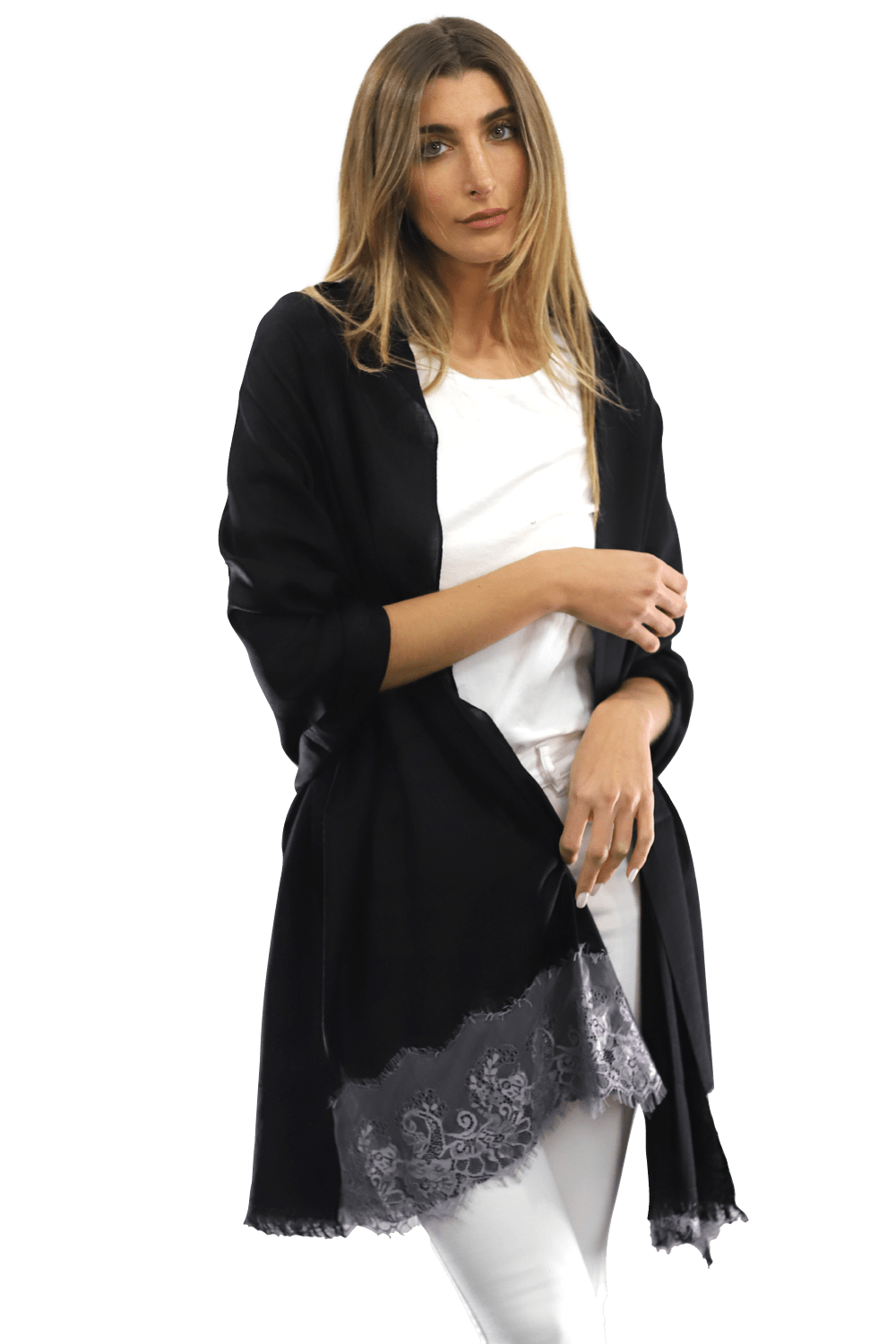 Lace Trim Scarf-Black/Grey - Scarf - La Fiorentina LACB107