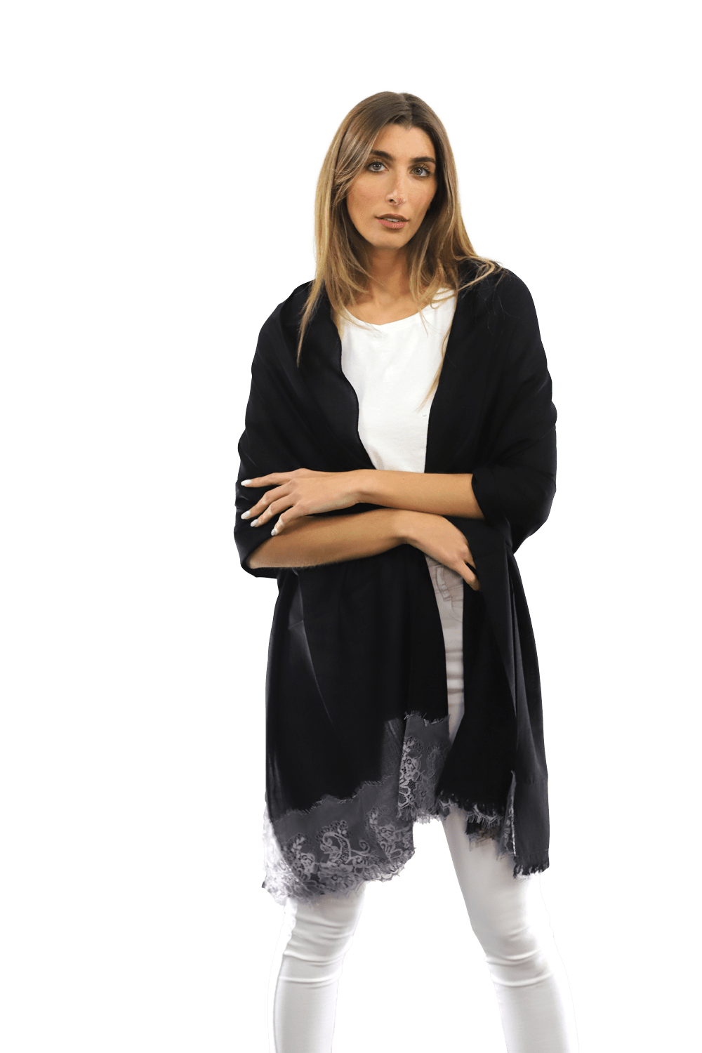 Lace Trim Scarf-Black/Grey - Scarf - La Fiorentina LACB107