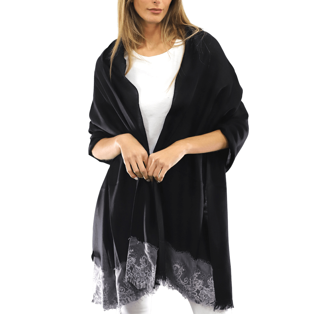 Lace Trim Scarf-Black/Grey - Scarf - La Fiorentina LACB107