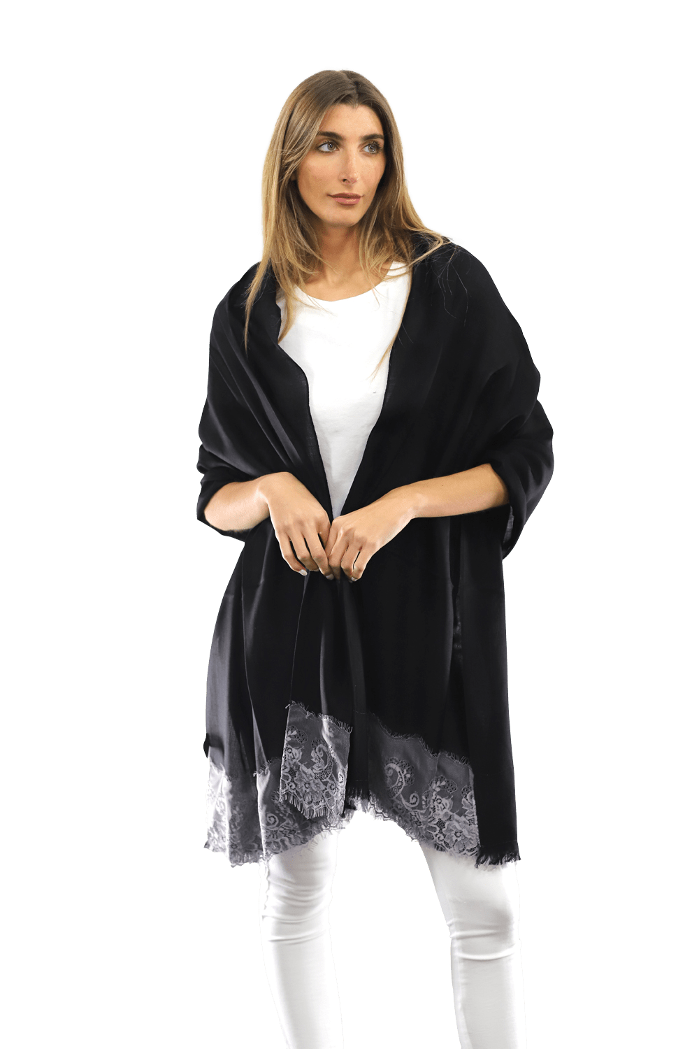 Lace Trim Scarf-Black/Grey - Scarf - La Fiorentina LACB107