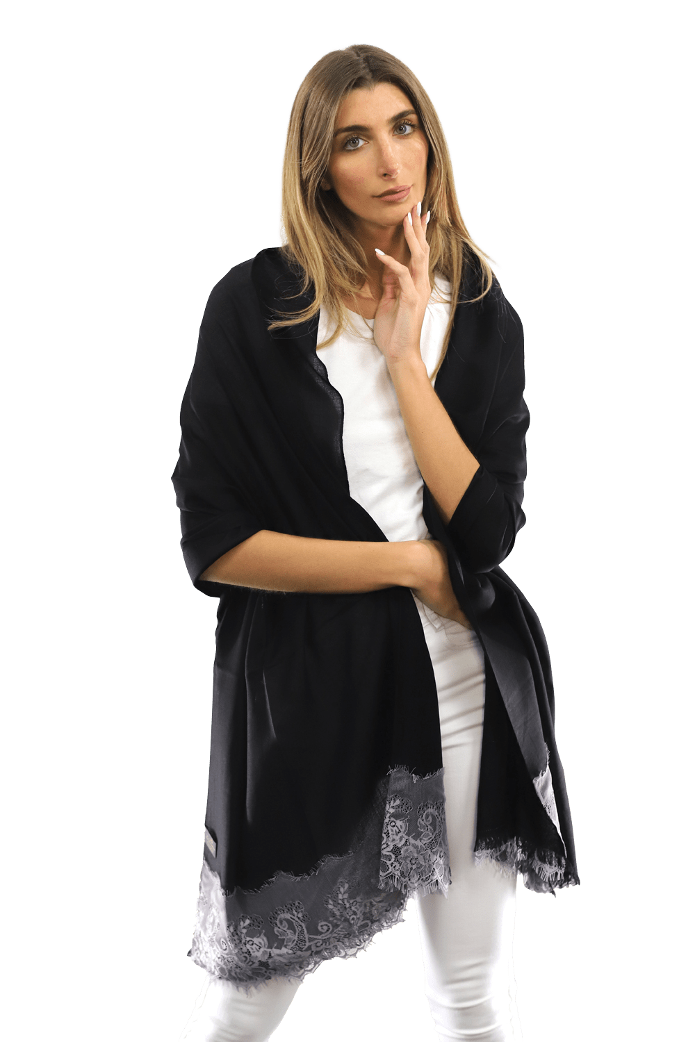 Lace Trim Scarf-Black/Grey - Scarf - La Fiorentina LACB107