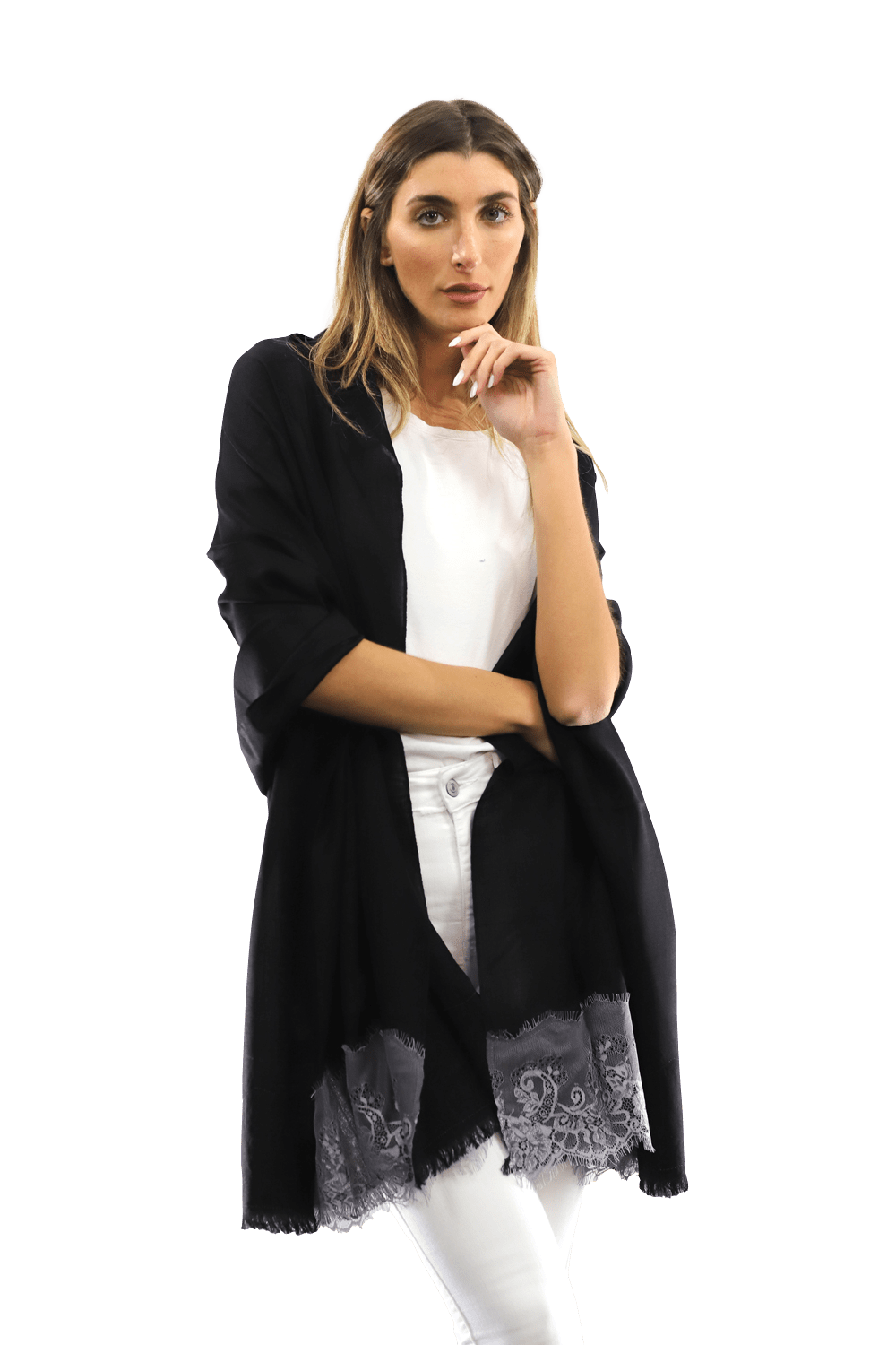 Lace Trim Scarf-Black/Grey - Scarf - La Fiorentina LACB107