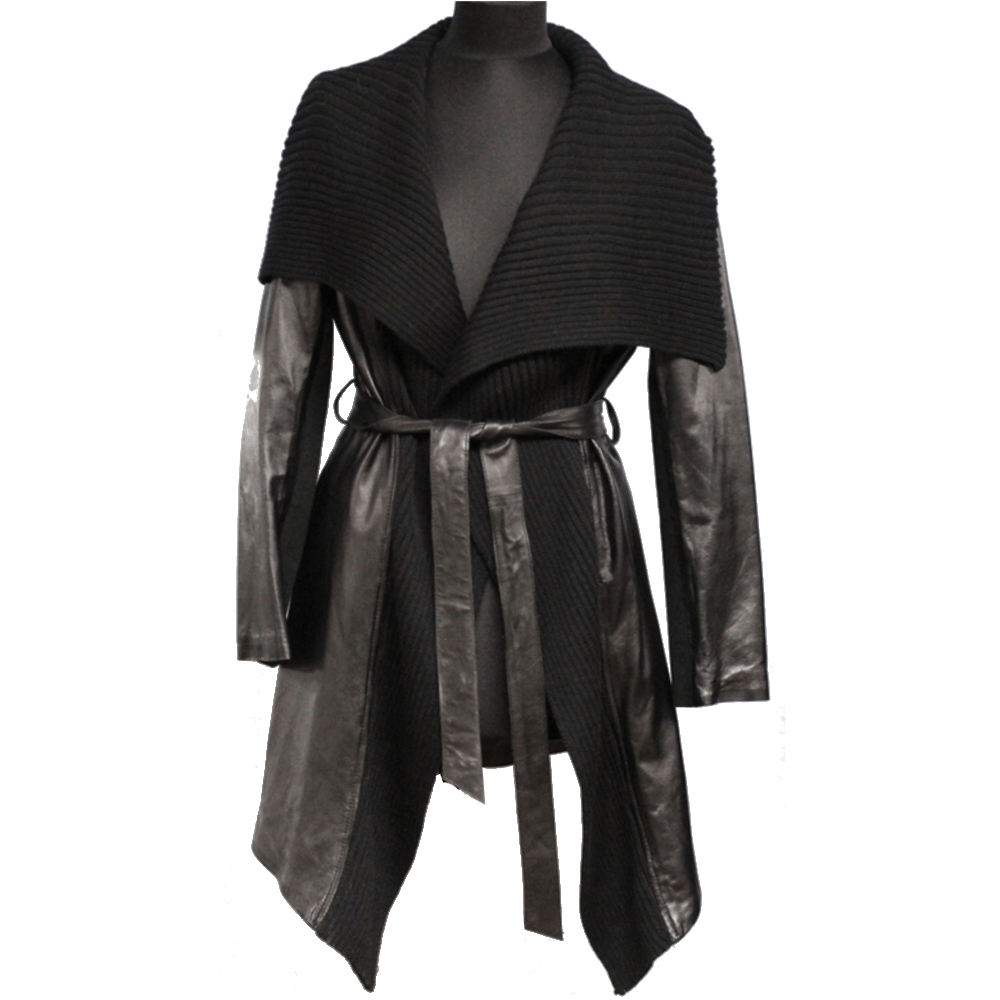 Leather Coat with Knit Envelope Collar-Black - Coat - La Fiorentina tina26