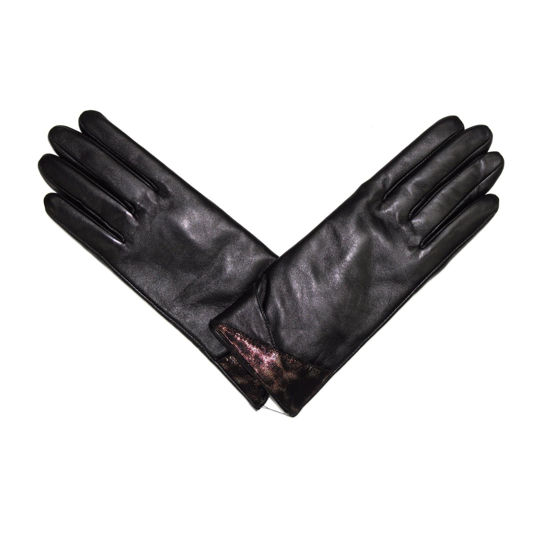 Leather Glove with Metallic Cheetah Wrist Pattern - Black - Leather Glove - La Fiorentina PG-18