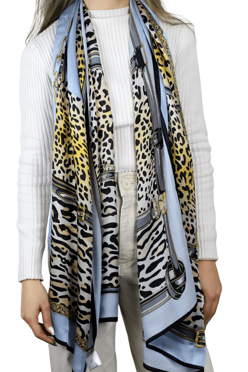 Leopard Print 100% Silk Scarf - Blue & Black - Silk Scarf - La Fiorentina,Blue SILK-2302-BLACK