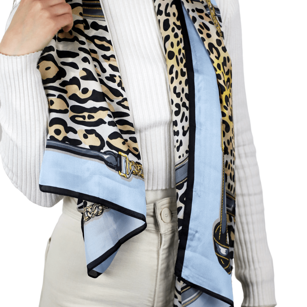 Leopard Print 100% Silk Scarf - Blue & Black - Silk Scarf - La Fiorentina,Blue SILK-2302-BLACK