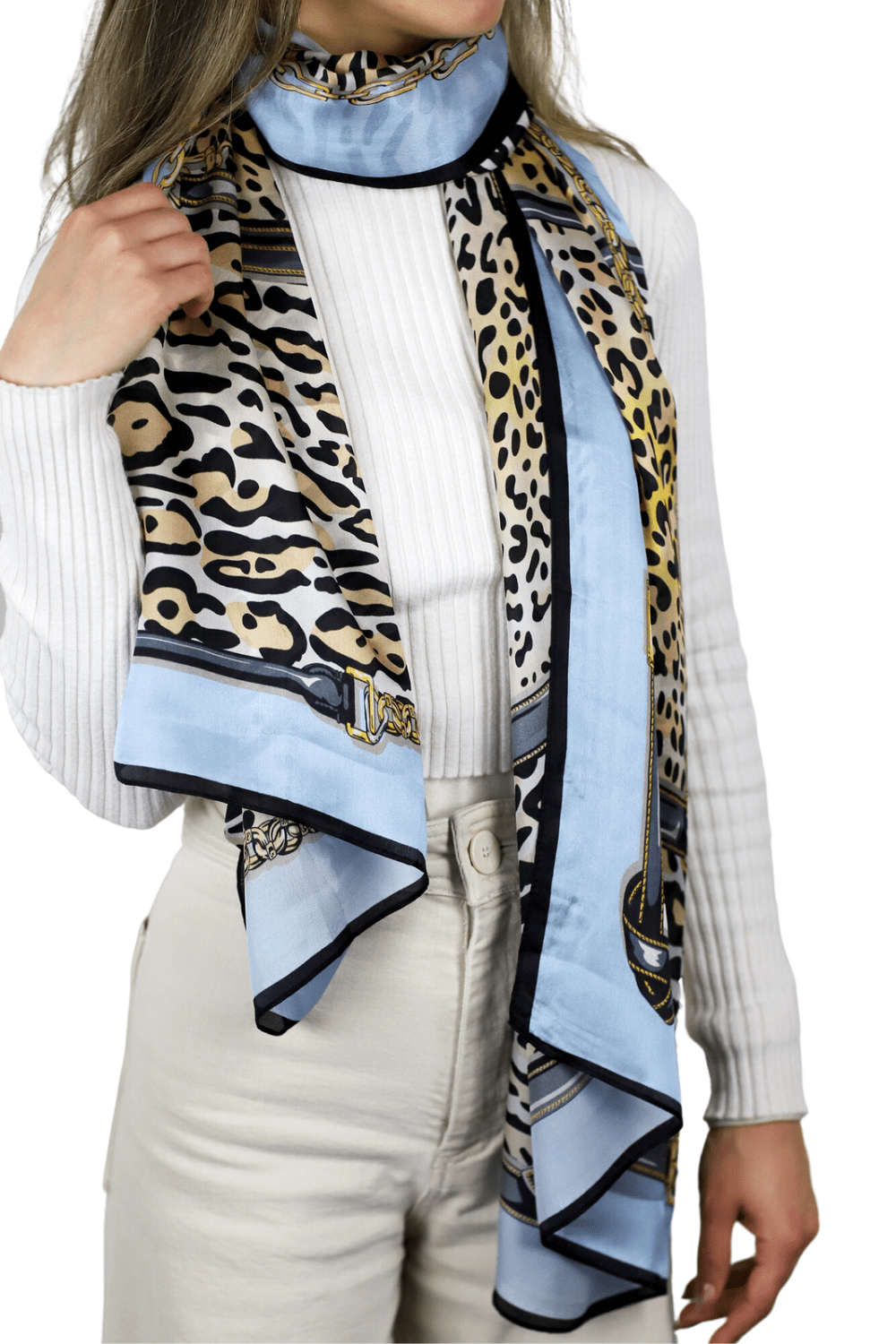 Leopard Print 100% Silk Scarf - Blue & Black - Silk Scarf - La Fiorentina,Blue SILK-2302-BLACK