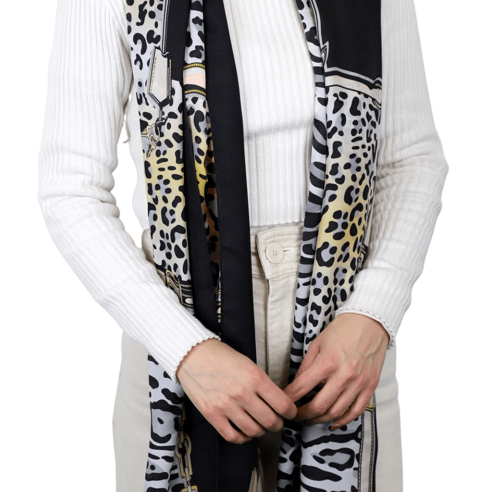 Leopard Print 100% Silk Scarf - Blue & Black - Silk Scarf - La Fiorentina,Blue SILK-2302-BLACK