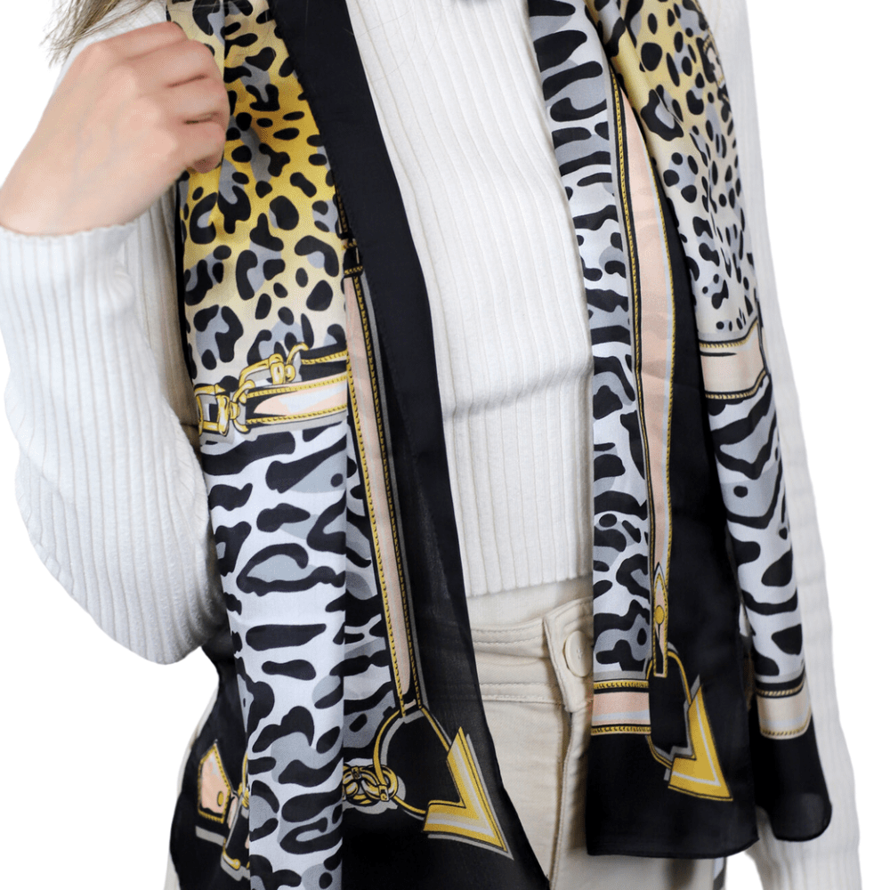 Leopard Print 100% Silk Scarf - Blue & Black - Silk Scarf - La Fiorentina,Blue SILK-2302-BLACK
