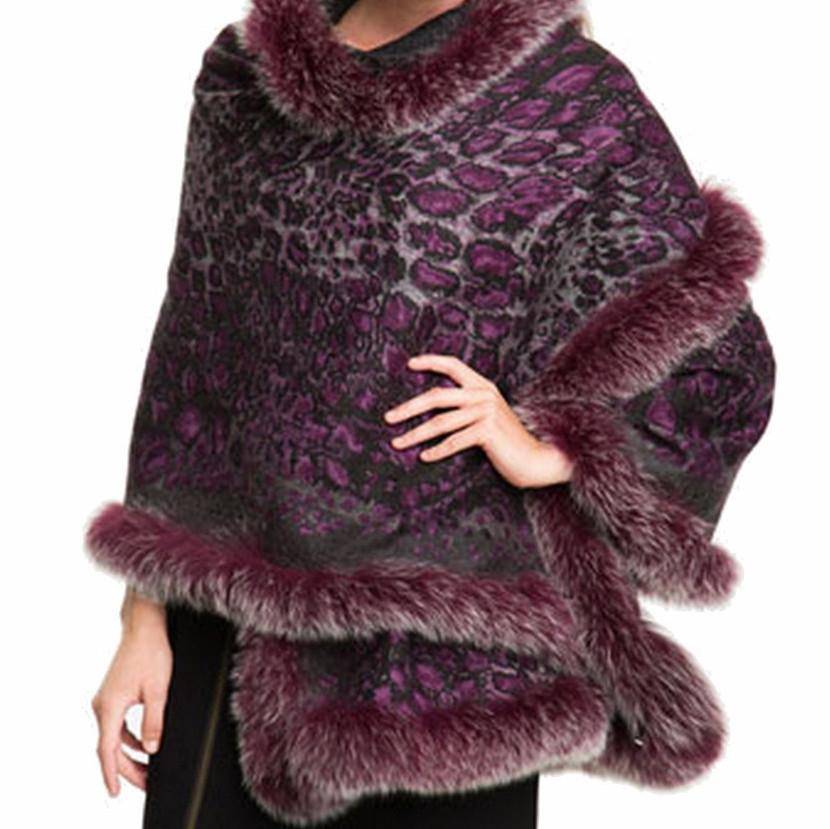 Leopard Print Wrap with Fox Trim - Purple / Charcoal - Wrap - La Fiorentina BE1201F