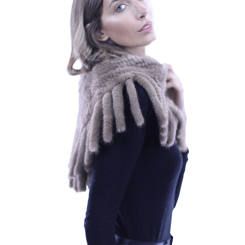 Lightweight Mink neck warmer with Fringes - Camel - Scarf - La Fiorentina TNF214_CAMEL