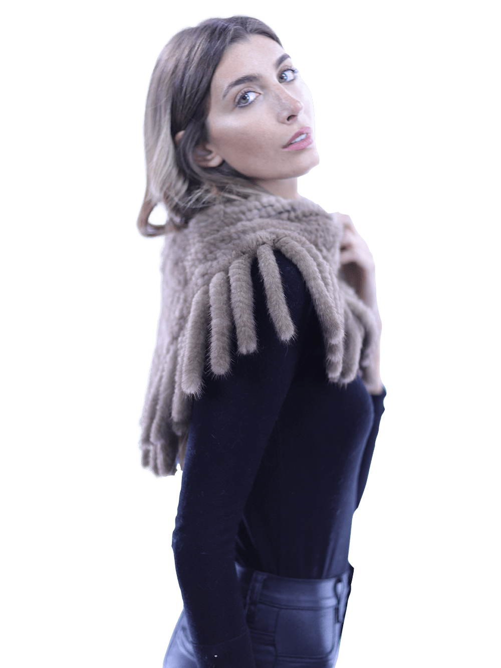 Lightweight Mink neck warmer with Fringes - Camel - Scarf - La Fiorentina TNF214_CAMEL