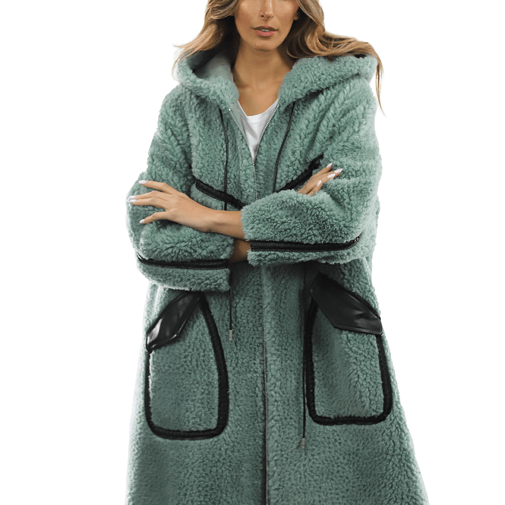 Long Faux Fur Coat with Black detail - Green - Coat - La Fiorentina FAUX207_GREEN