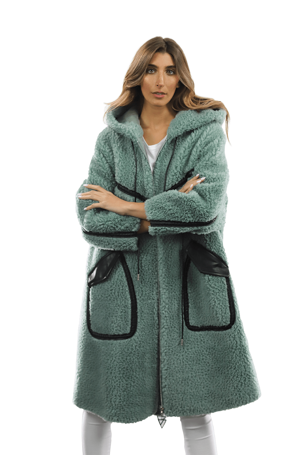 Long Faux Fur Coat with Black detail - Green - Coat - La Fiorentina FAUX207_GREEN