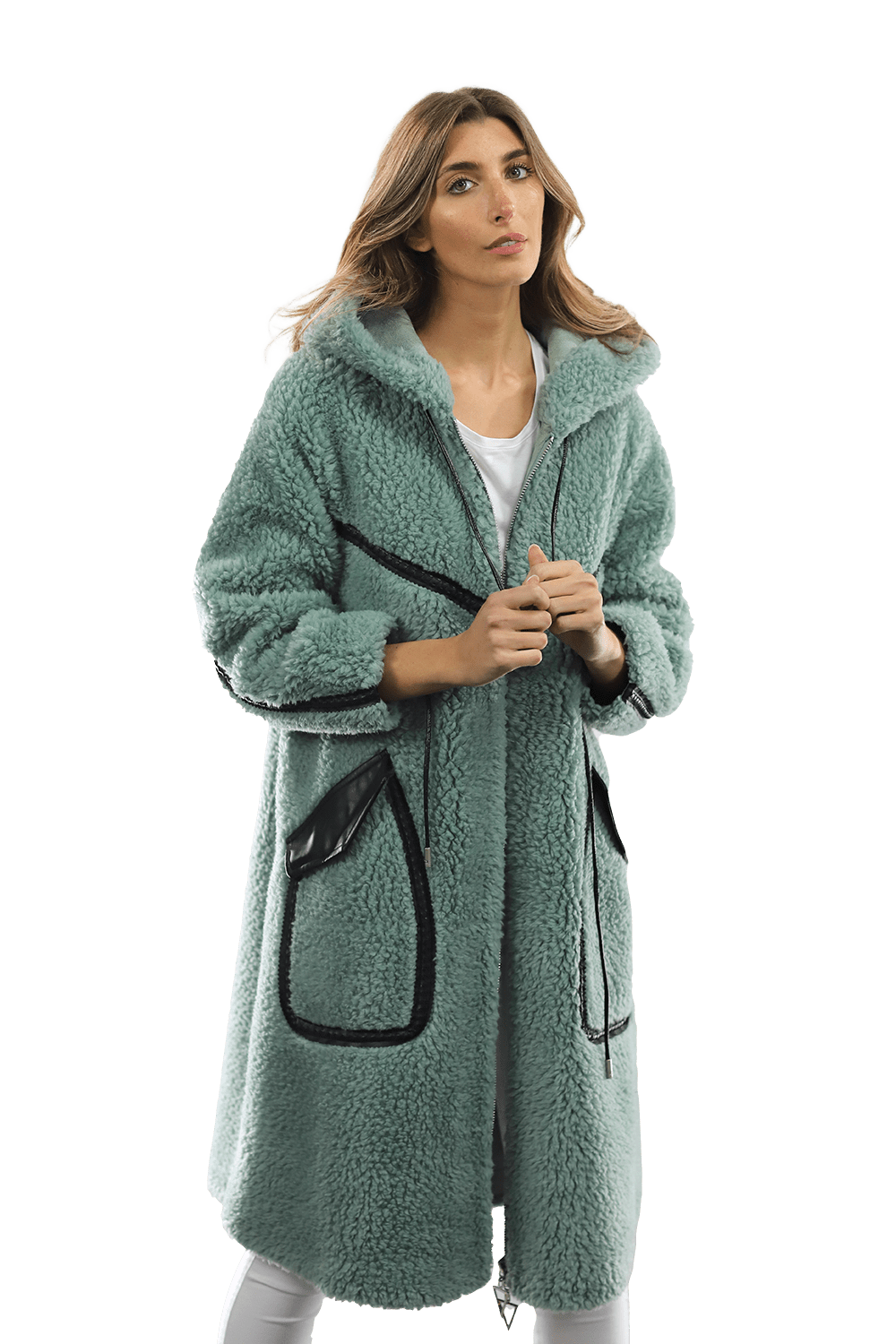 Long Faux Fur Coat with Black detail - Green - Coat - La Fiorentina FAUX207_GREEN