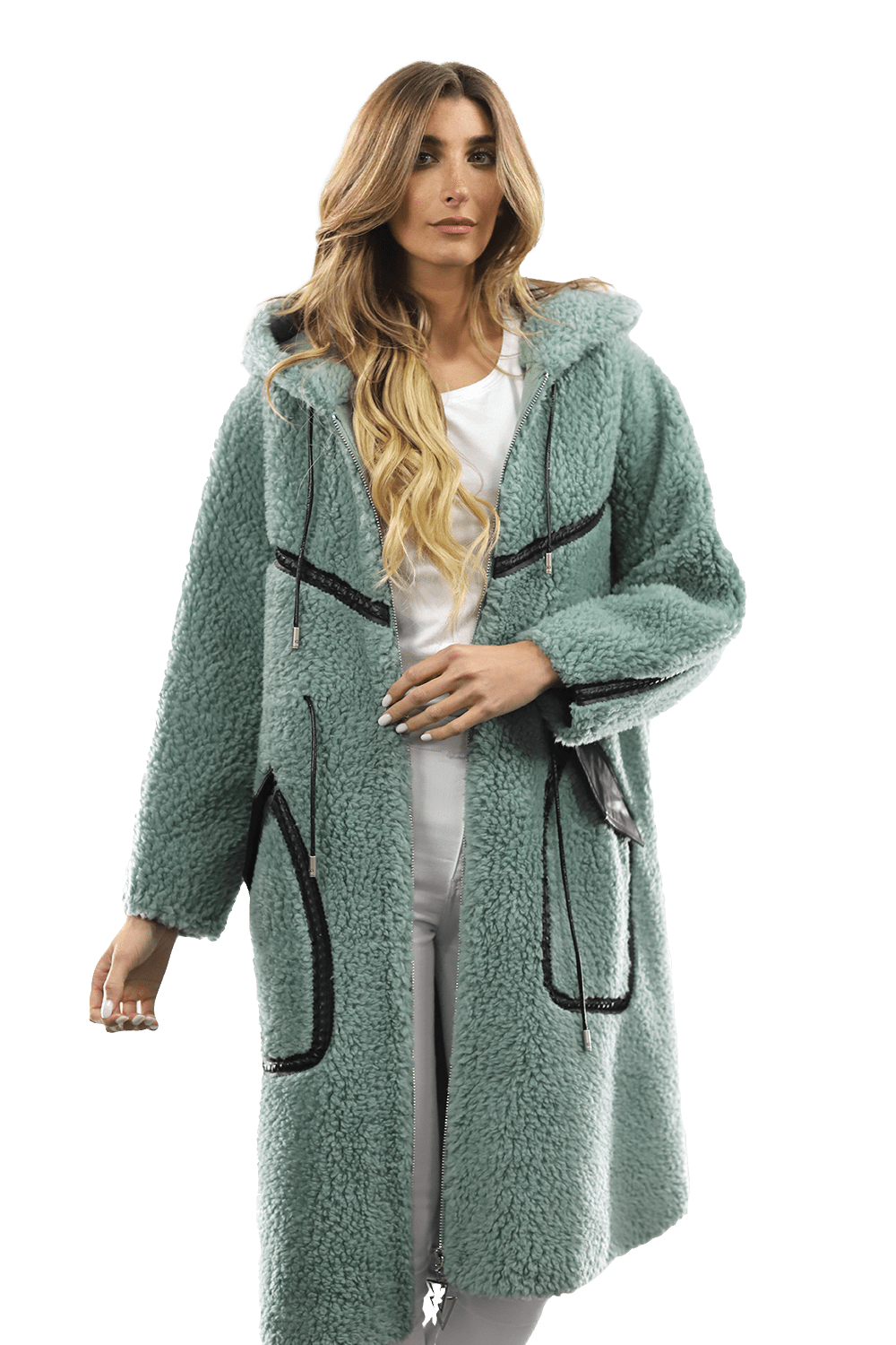 Long Faux Fur Coat with Black detail - Green - Coat - La Fiorentina FAUX207_GREEN