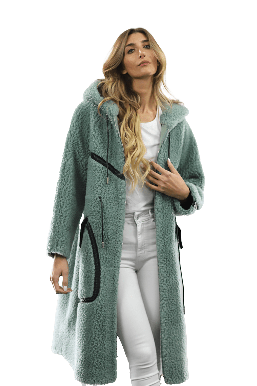 Long Faux Fur Coat with Black detail - Green - Coat - La Fiorentina FAUX207_GREEN