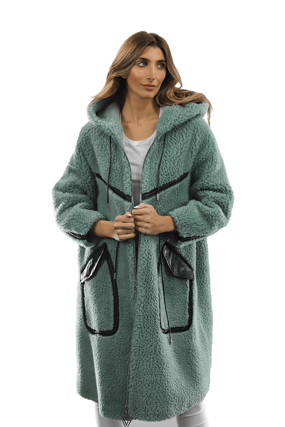 Long Faux Fur Coat with Black detail - Green - Coat - La Fiorentina FAUX207_GREEN