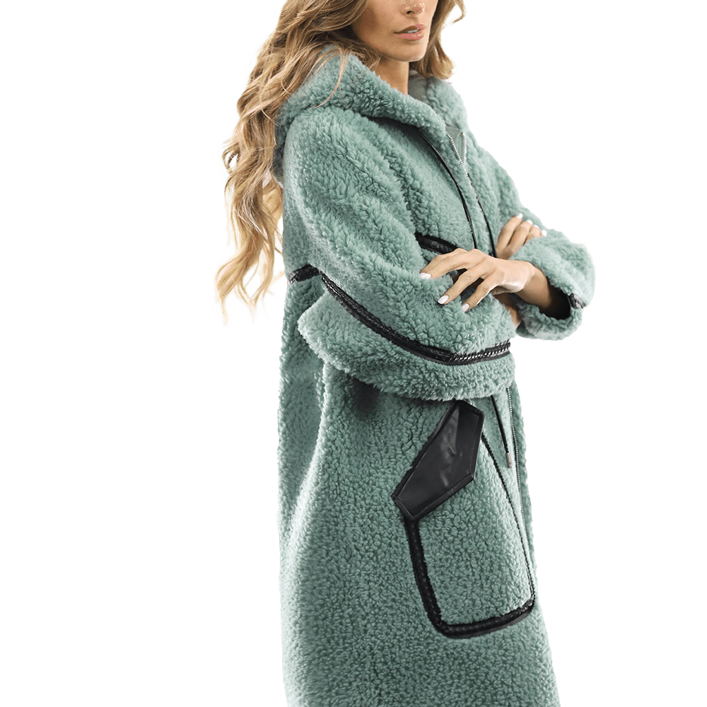 Long Faux Fur Coat with Black detail - Green - Coat - La Fiorentina FAUX207_GREEN