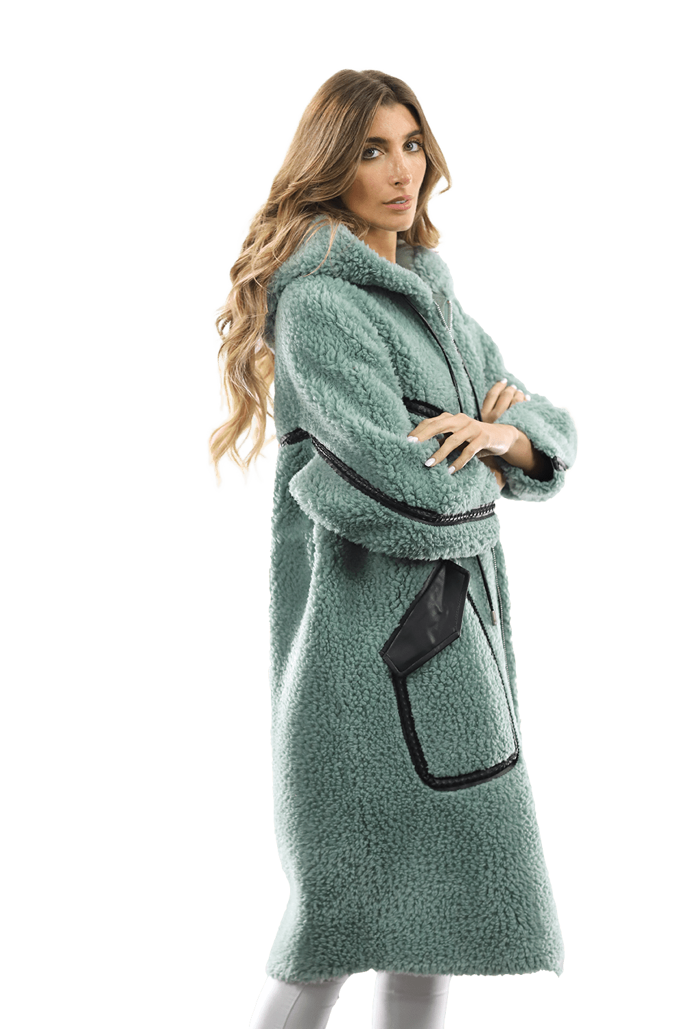 Long Faux Fur Coat with Black detail - Green - Coat - La Fiorentina FAUX207_GREEN