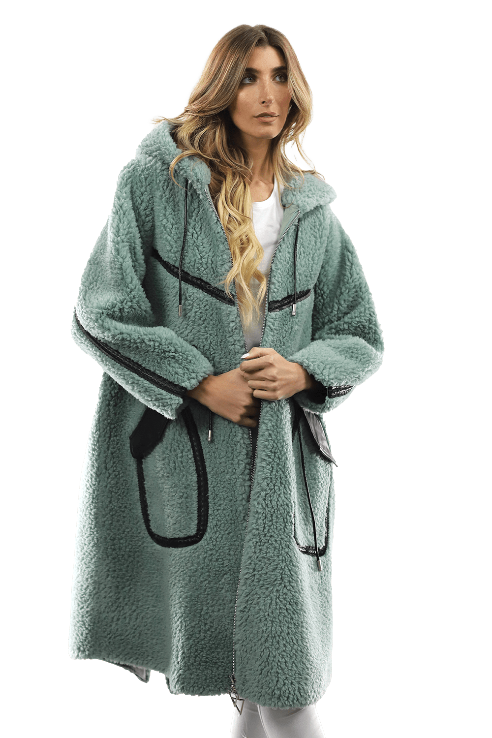 Long Faux Fur Coat with Black detail - Green - Coat - La Fiorentina FAUX207_GREEN