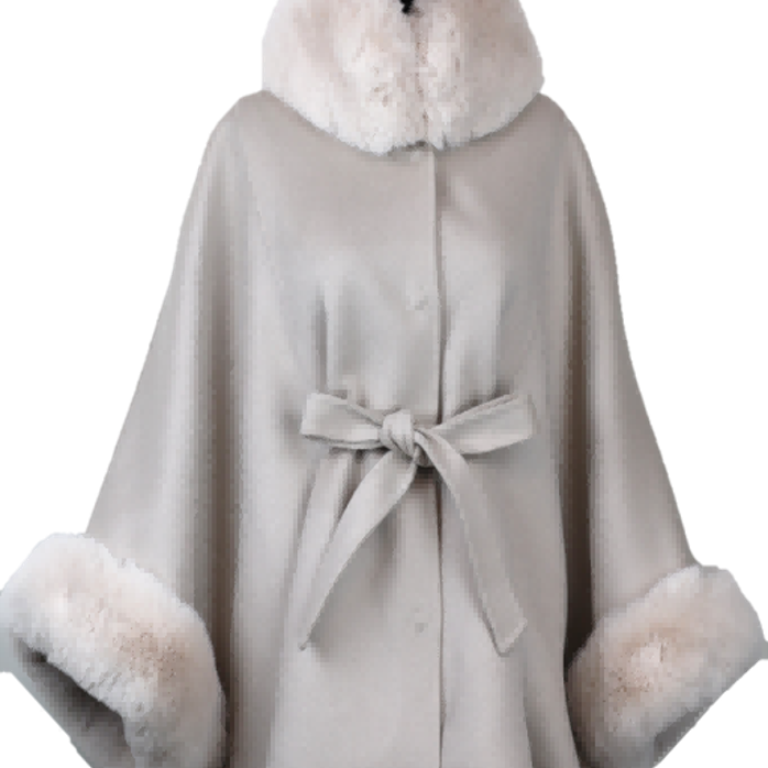 Ivory Hooded Poncho with Plush Faux Fur Trim - 100% Wool Fabrication, One Size Fits All (44x32in) - Faux Fur Poncho - La Fiorentina LRO-1417-FAUX