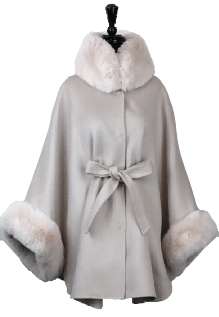 Ivory Hooded Poncho with Plush Faux Fur Trim - 100% Wool Fabrication, One Size Fits All (44x32in) - Faux Fur Poncho - La Fiorentina LRO-1417-FAUX