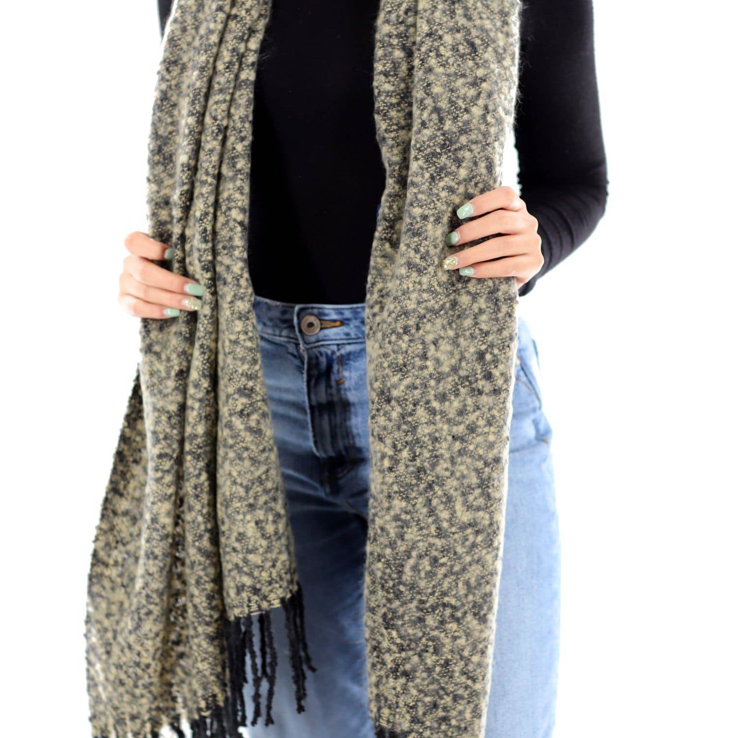 Muffler Scarf Plush with Fringe - Black/Ivory - Muffler - La Fiorentina KT13-1165S_1