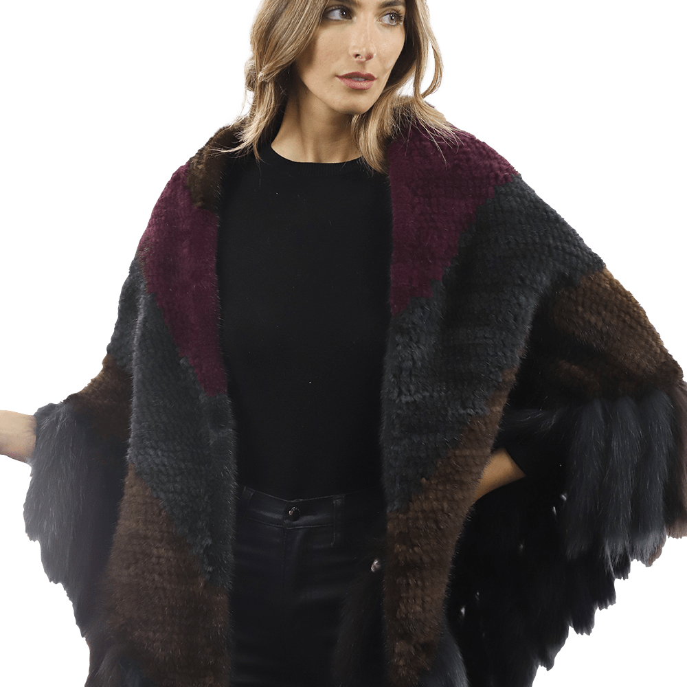 Multi Colored Mink Cape with Fox Fringe - Cape - La Fiorentina JJY804_MULTI