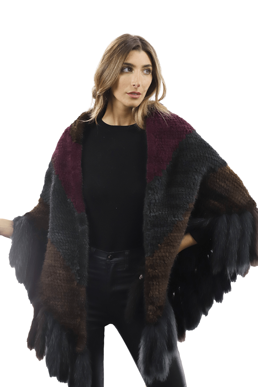 Multi Colored Mink Cape with Fox Fringe - Cape - La Fiorentina JJY804_MULTI