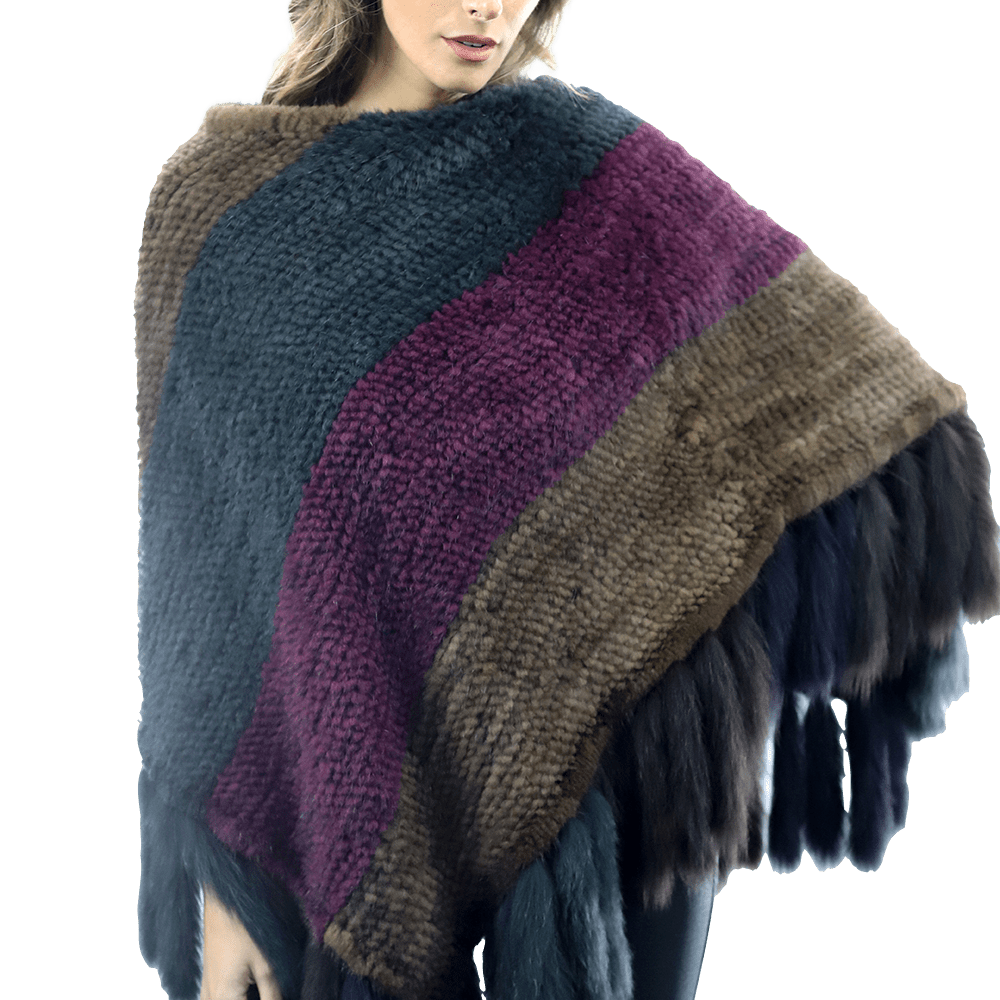 Multi Colored Mink Cape with Fox Fringe - Cape - La Fiorentina JJY804_MULTI