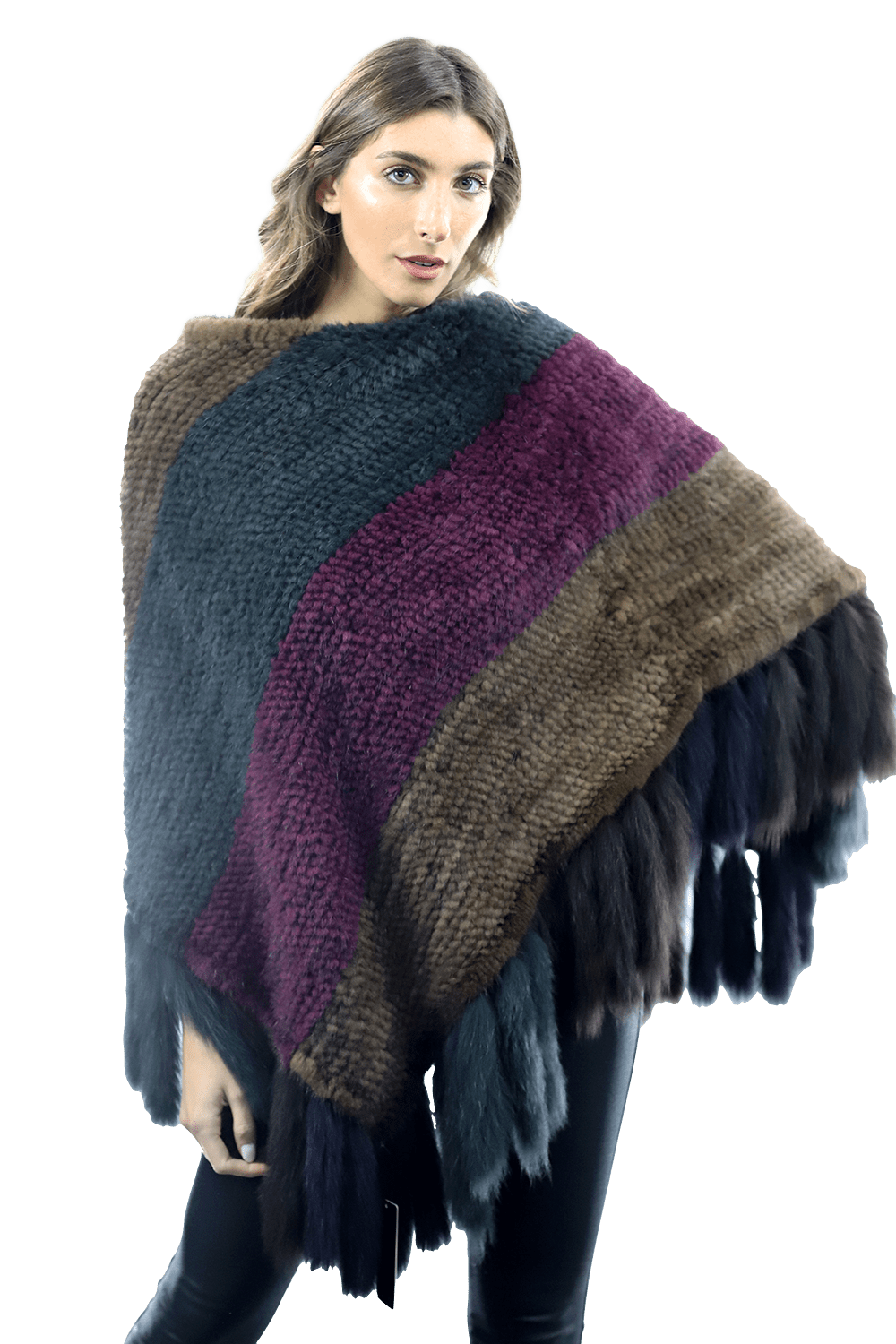 Multi Colored Mink Cape with Fox Fringe - Cape - La Fiorentina JJY804_MULTI