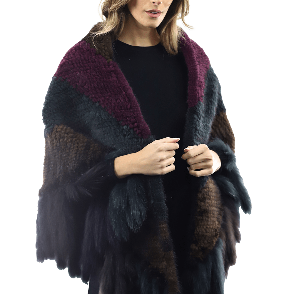 Multi Colored Mink Cape with Fox Fringe - Cape - La Fiorentina JJY804_MULTI