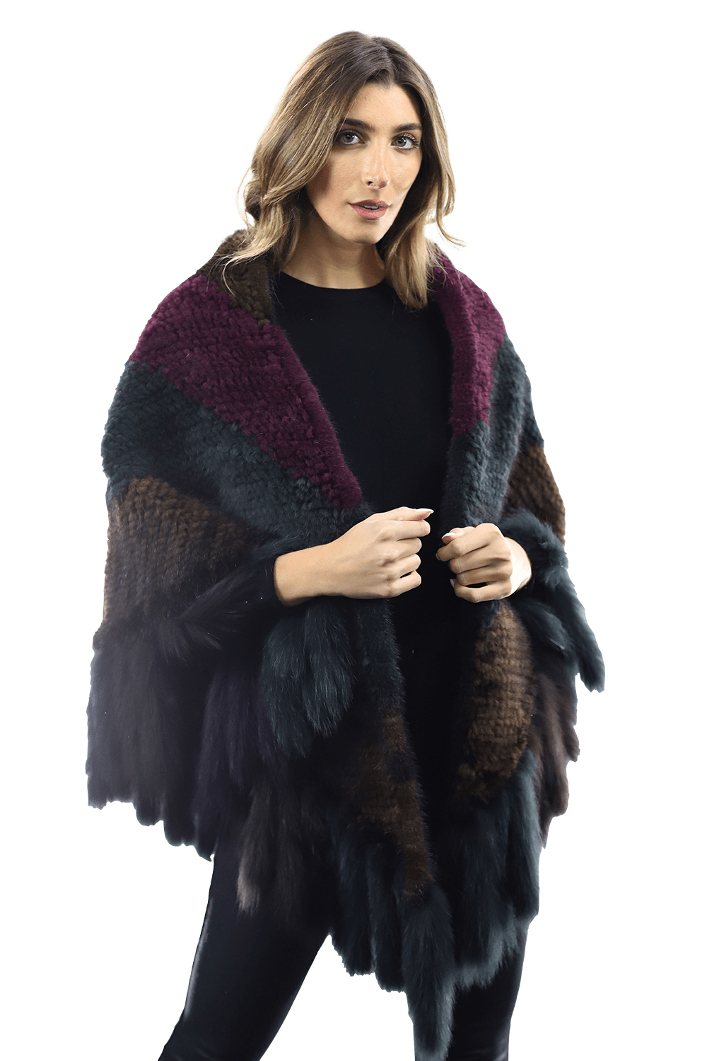 Multi Colored Mink Cape with Fox Fringe - Cape - La Fiorentina JJY804_MULTI