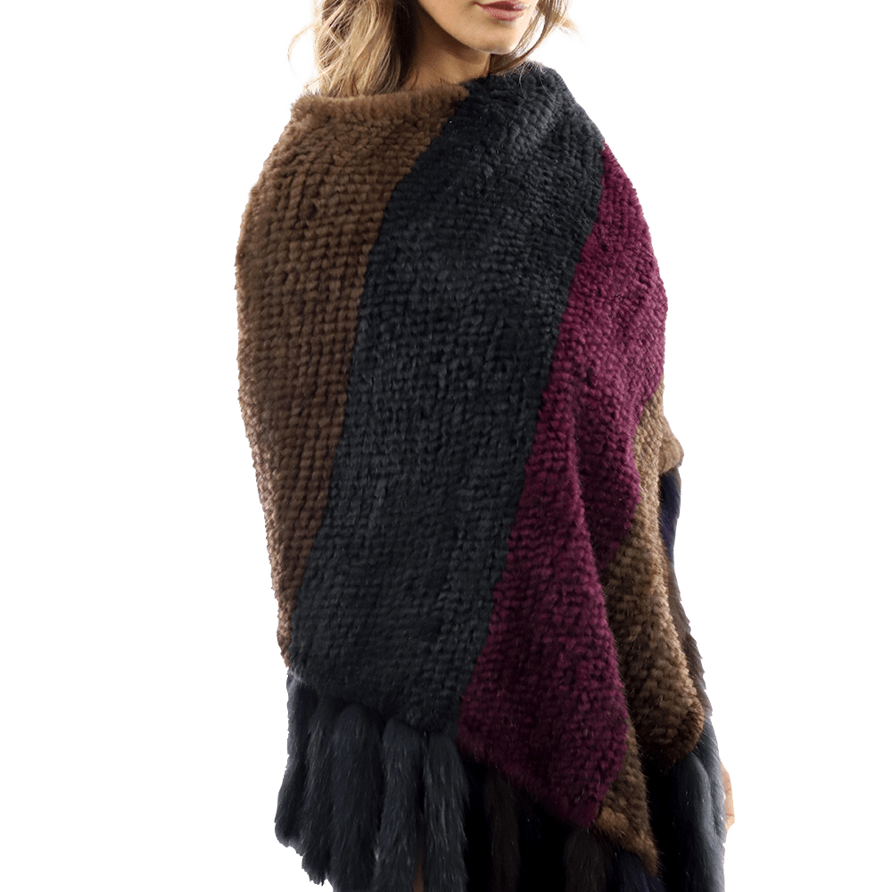 Multi Colored Mink Cape with Fox Fringe - Cape - La Fiorentina JJY804_MULTI