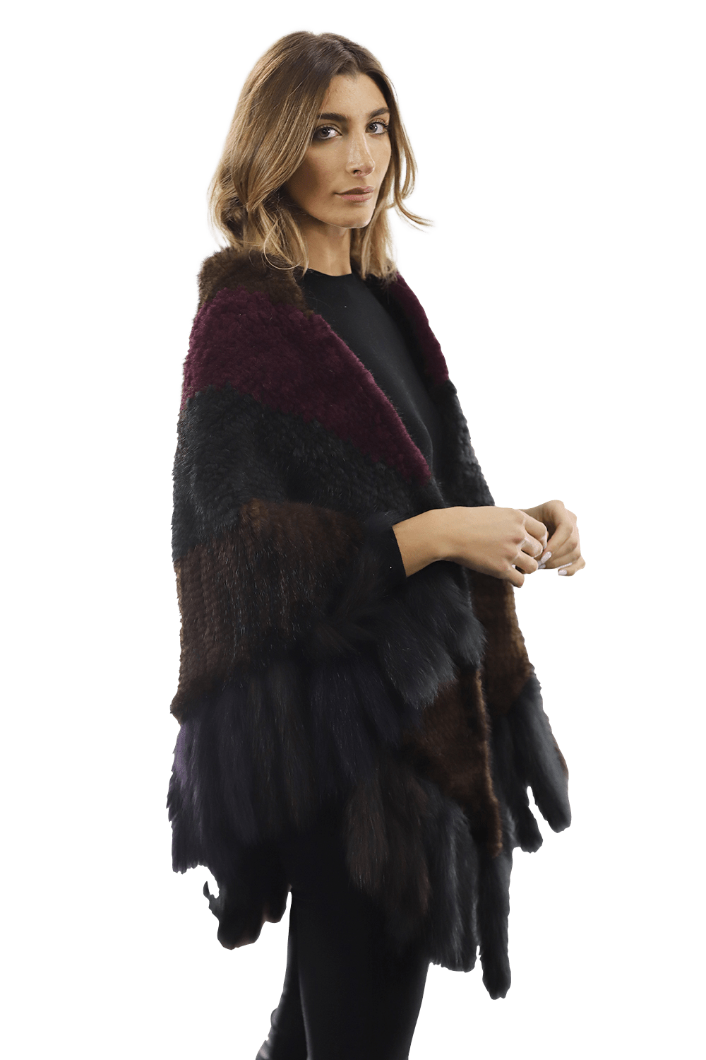 Multi Colored Mink Cape with Fox Fringe - Cape - La Fiorentina JJY804_MULTI