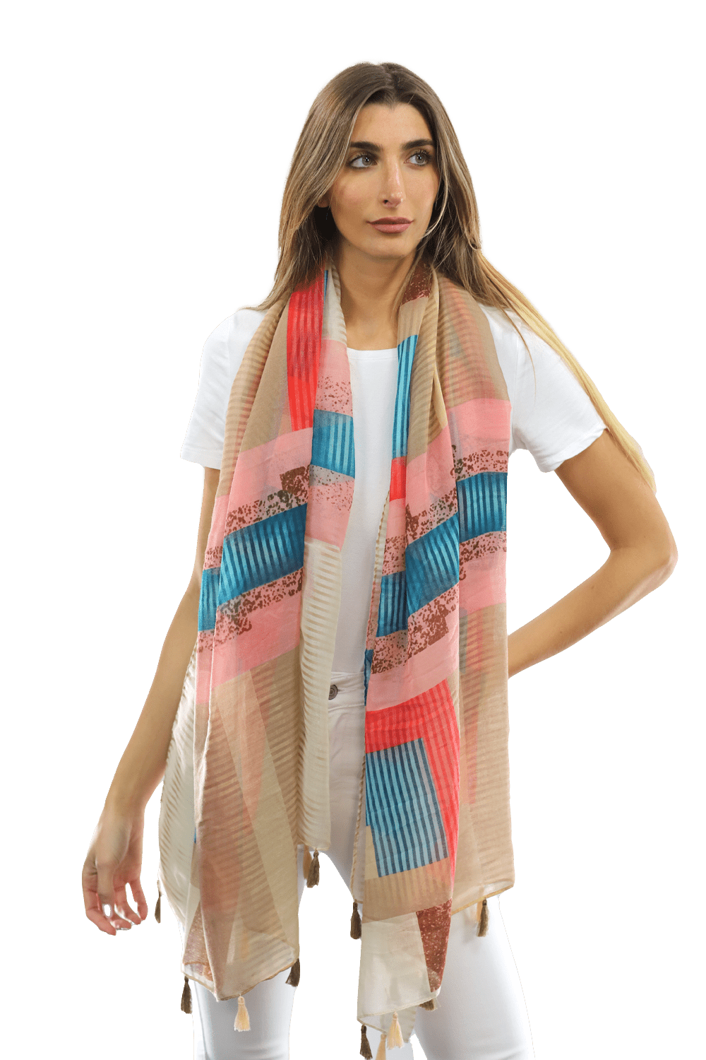 Multi-colored pattern woven scarf-Beige - Scarf - La Fiorentina HH04