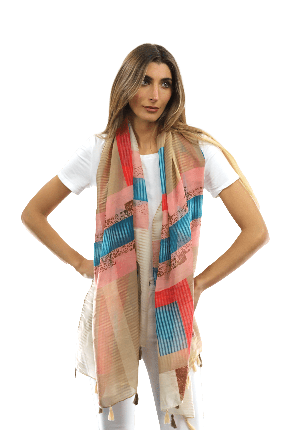 Multi-colored pattern woven scarf-Beige - Scarf - La Fiorentina HH04