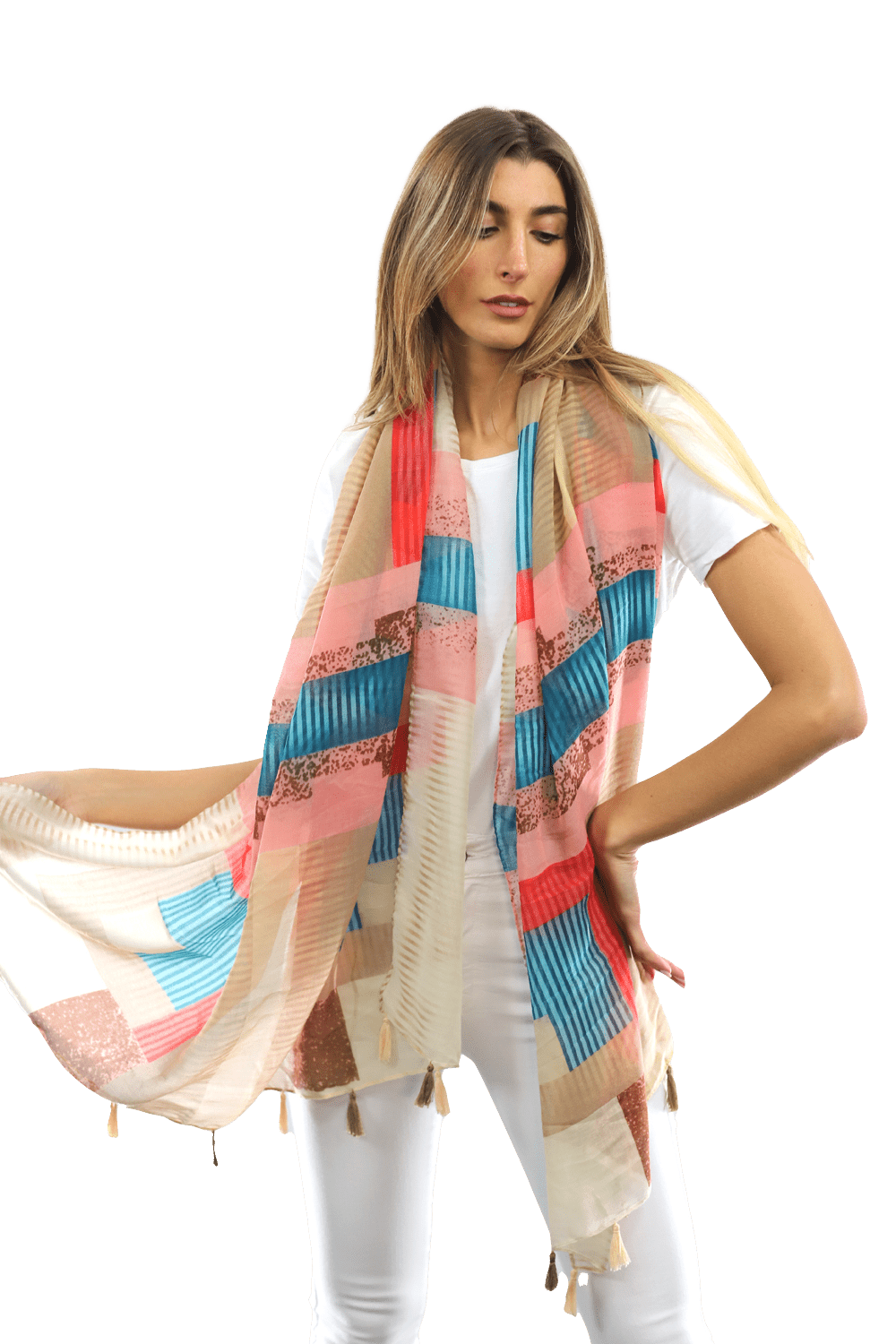 Multi-colored pattern woven scarf-Beige - Scarf - La Fiorentina HH04