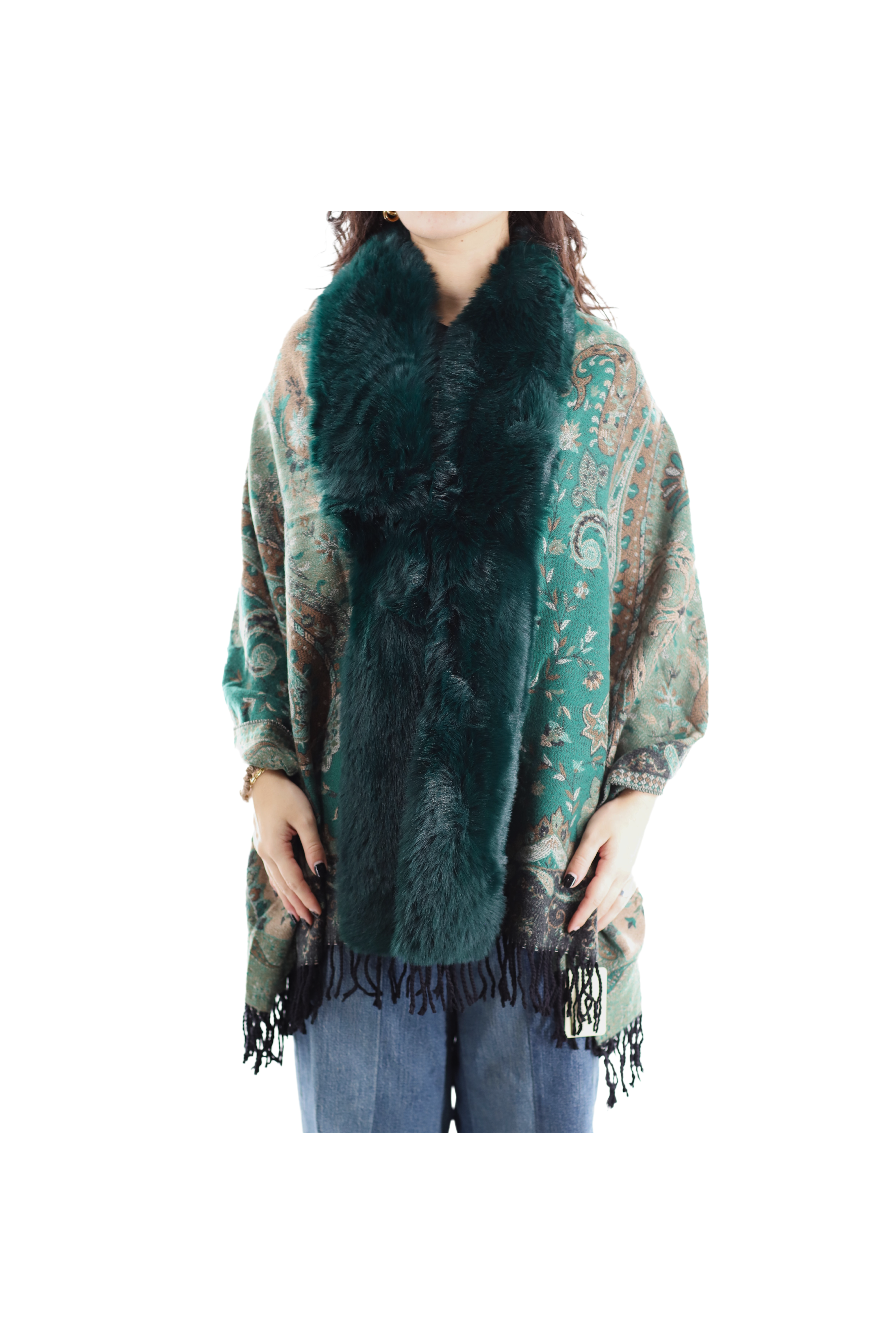 Paisley Wrap w/ Faux Fur Trim - Green