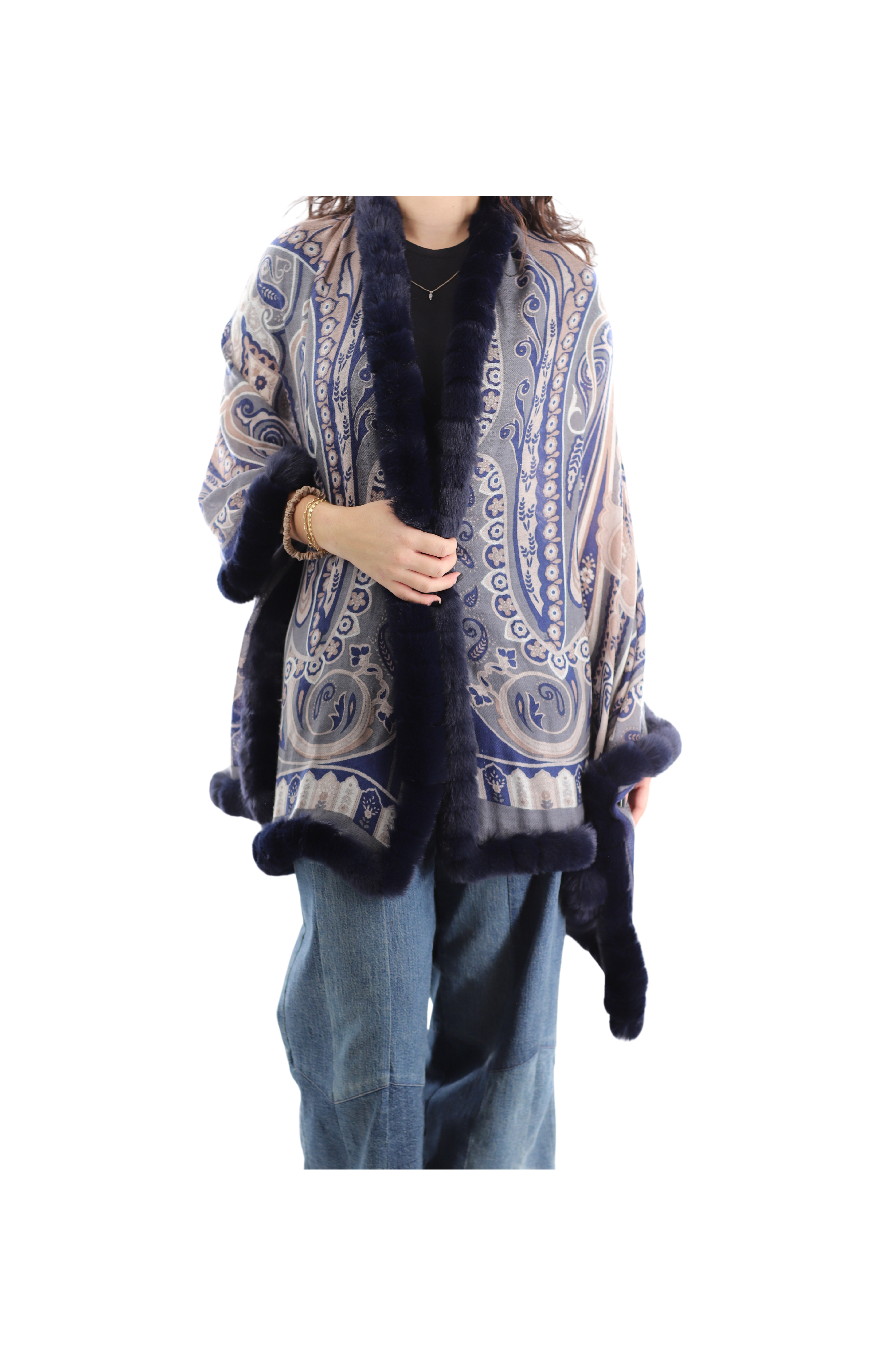 Paisley Print Wrap with faux fur trim - NAVY