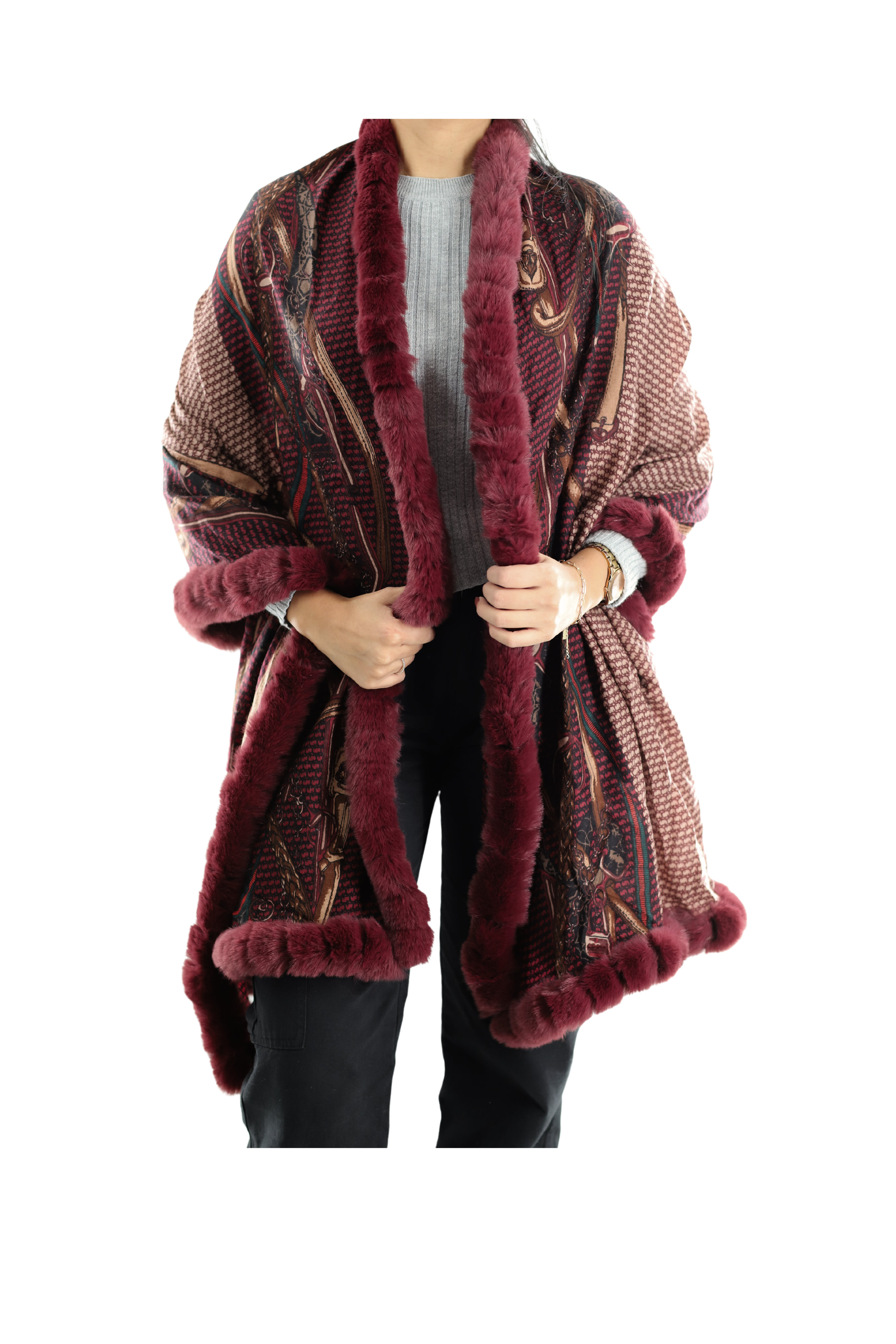 CHAIN PRINT WRAP WITH FAUX FUR TRIM