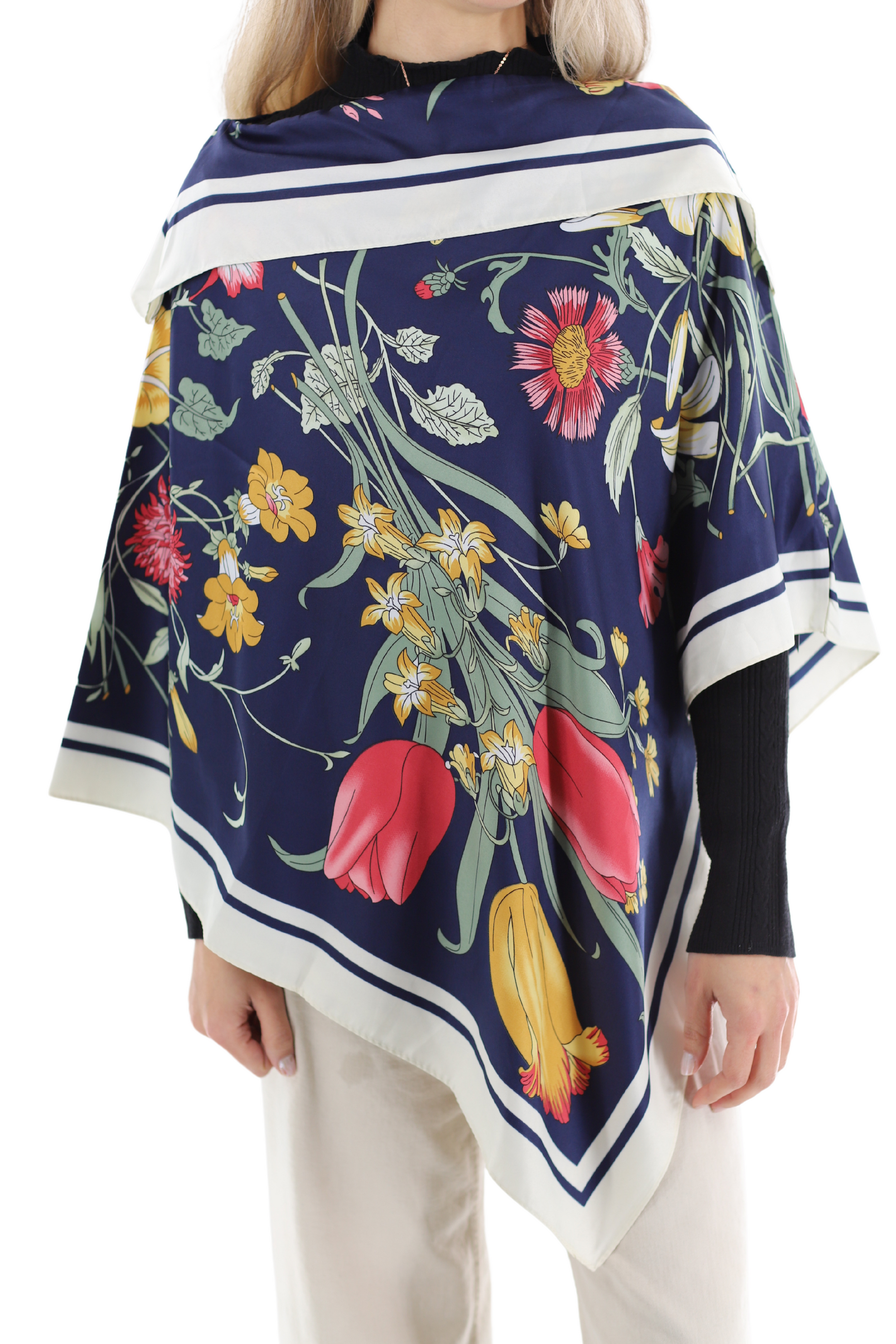 Lightweight Floral Print Poncho - Navy - Poncho - La Fiorentina
