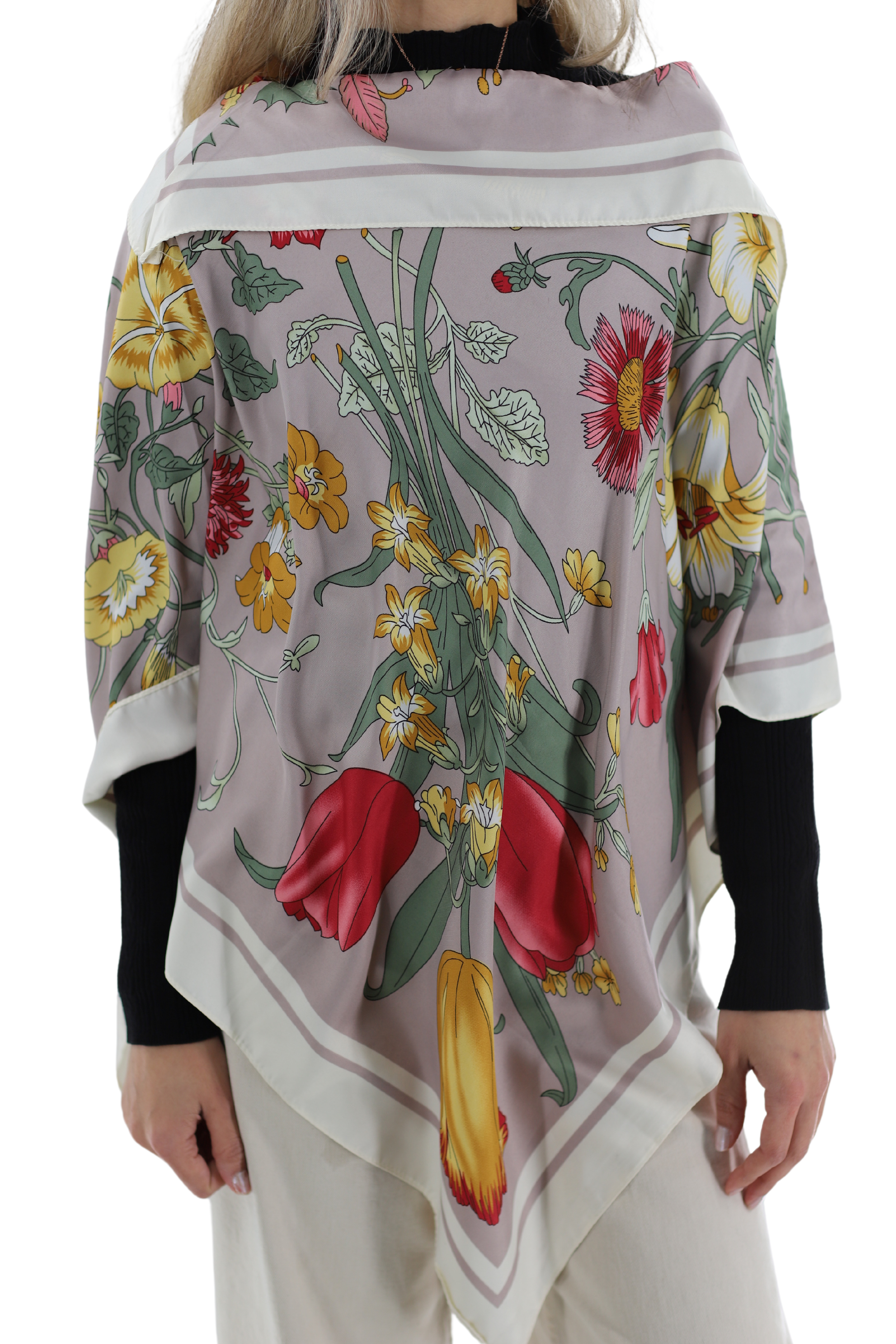 Lightweight Floral Print Poncho - Lt Grey - Poncho - La Fiorentina