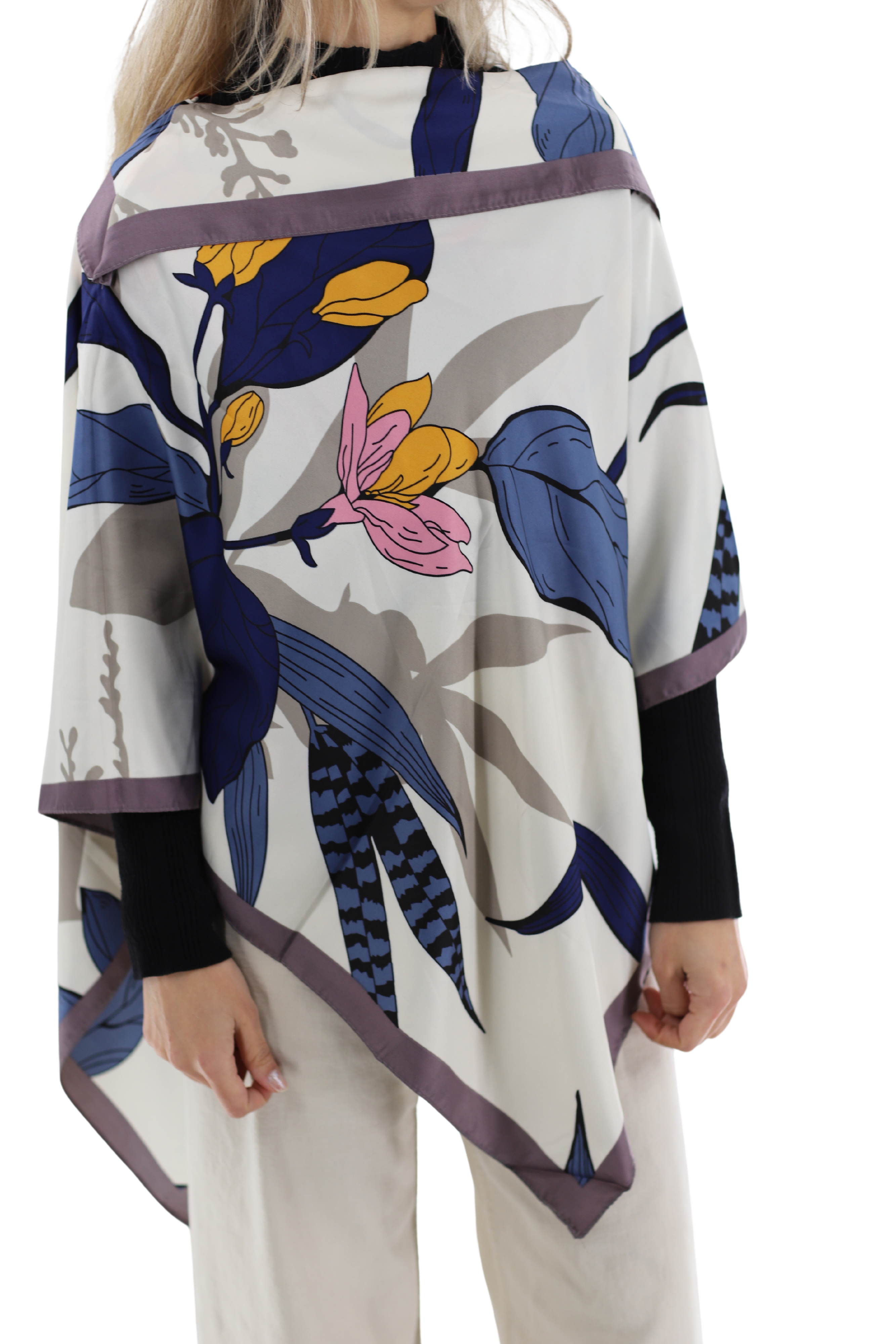 Lightweight Floral Print Poncho - Navy - Poncho - La Fiorentina