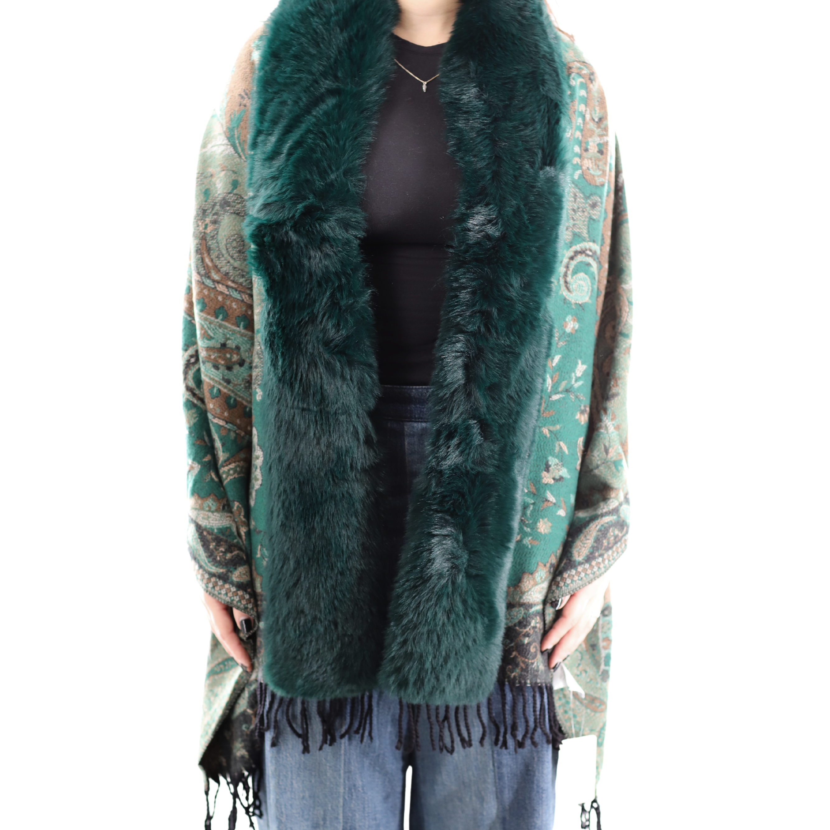 Paisley Wrap w/ Faux Fur Trim - Green